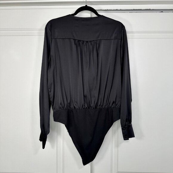 Black Satin Surplice Long Sleeve Bodysuit - 1X - Picture 3 of 11